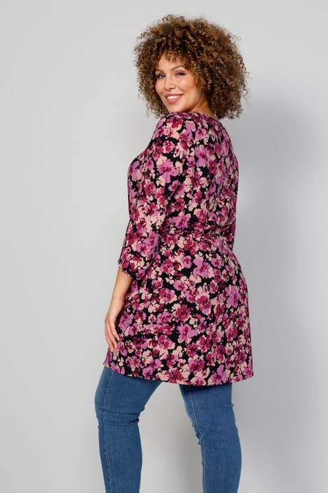 Tunika, Blumenmuster, V-Ausschnitt mit Zipper