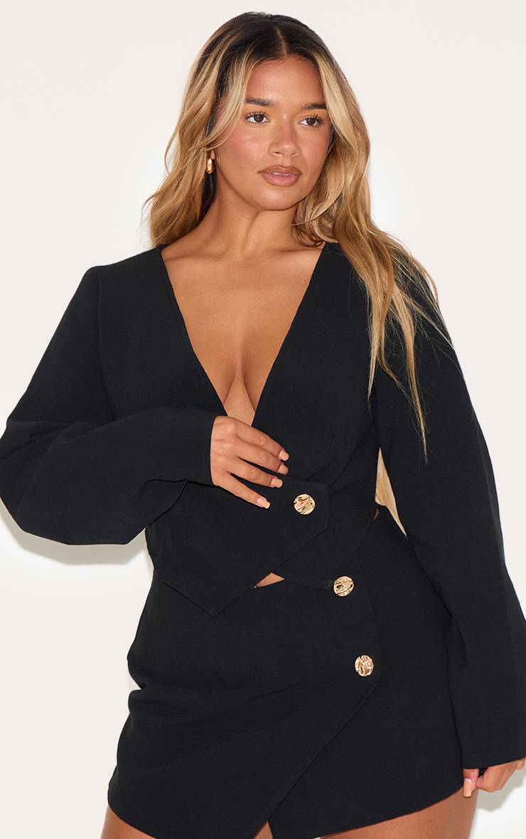 Noir Blazer Shape Asymétrique En Tissu Tissé Avec Boutons Martelés