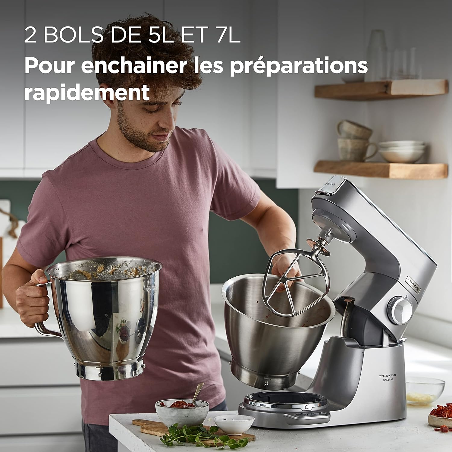 Kenwood Titanium Chef Baker XL, Robot Pâtissier avec Batteur K, Crochet Pétrisseur, Fouet et Bol de 7 Litres, KVL85.424SI, 1200W, Argent
