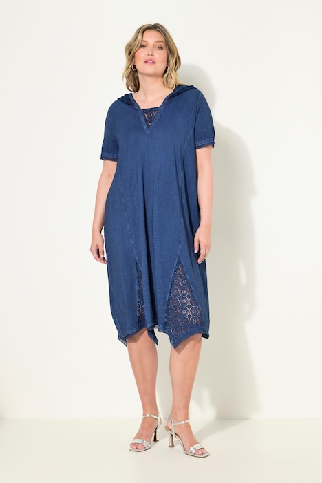 Jerseykleid, A-Linie, cold dyed, Kapuze, Stickerei-Einsätze, Halbarm