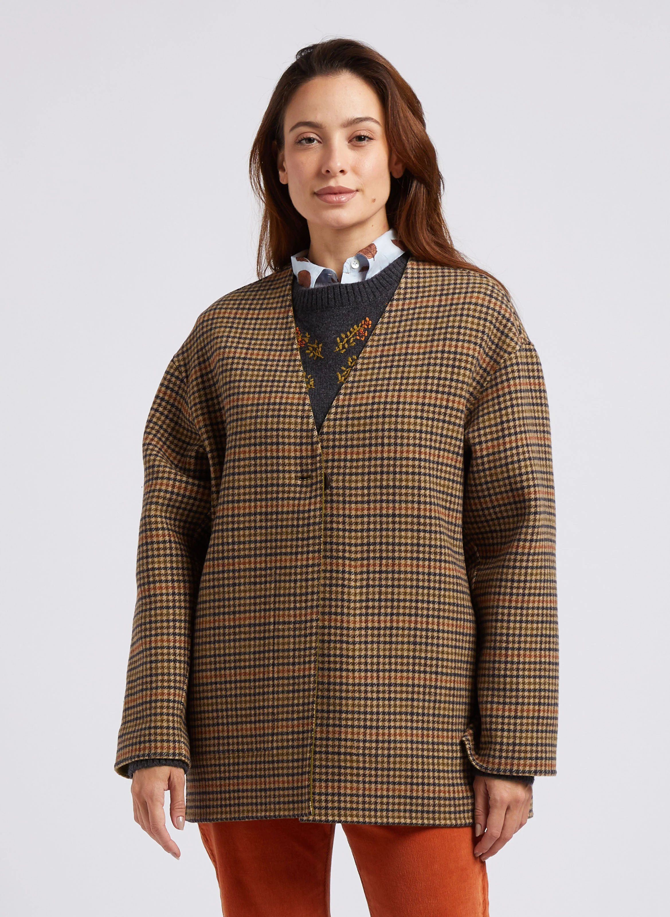 Veste réversible droite col V en laine mélangée | Kaki