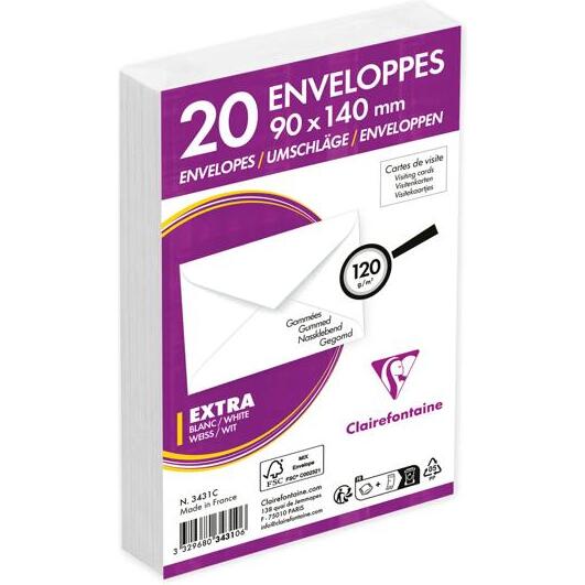 Paquet de 20 Enveloppes de Visite Blanches 90x140mm - Gommée - 120g/m2 - Blanc