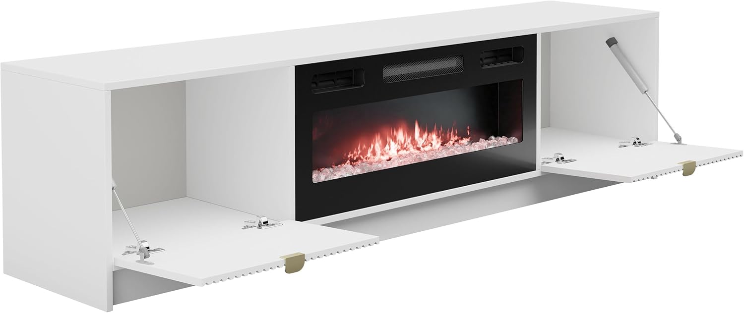 Mirjan24 TV Schrank Tireno EF mit Elektrischem Kamin mit Heizung, Realistische LED-Flamme, 2 Klappe, gefräster Front, Fernsehschrank, TV Lowboard Fernsehtisch (Sandbeige)