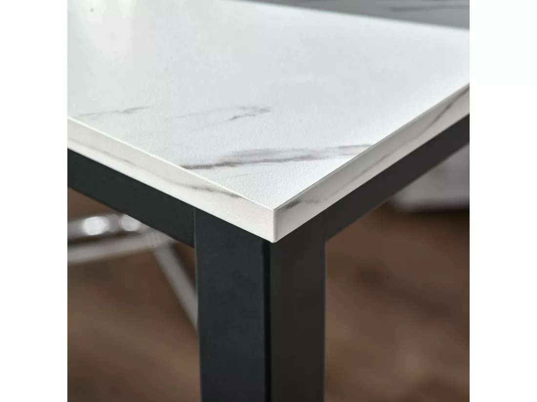 Table de bar - table haute de cuisine - dim. 120L x 40l x 100H cm - châssis piètement acier noir, plateau aspect marbre blanc