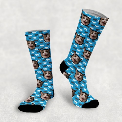 Meias personalizadas para animais de estimação com estampa de gato, tamanho 2, azuis.