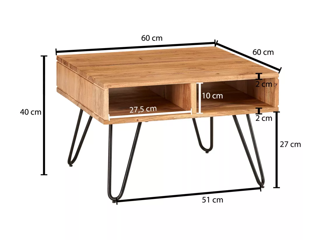table basse 60x40x60 cm acacia bois massif / métal table basse design angulaire | Table en bois avec espace de rangement | Table basse bois carré marron