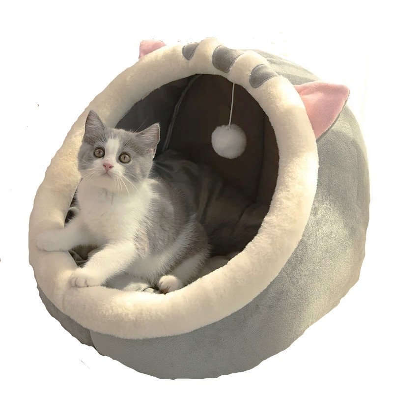 Cama em forma de caverna para gatos PETPLUS com bola de brincar