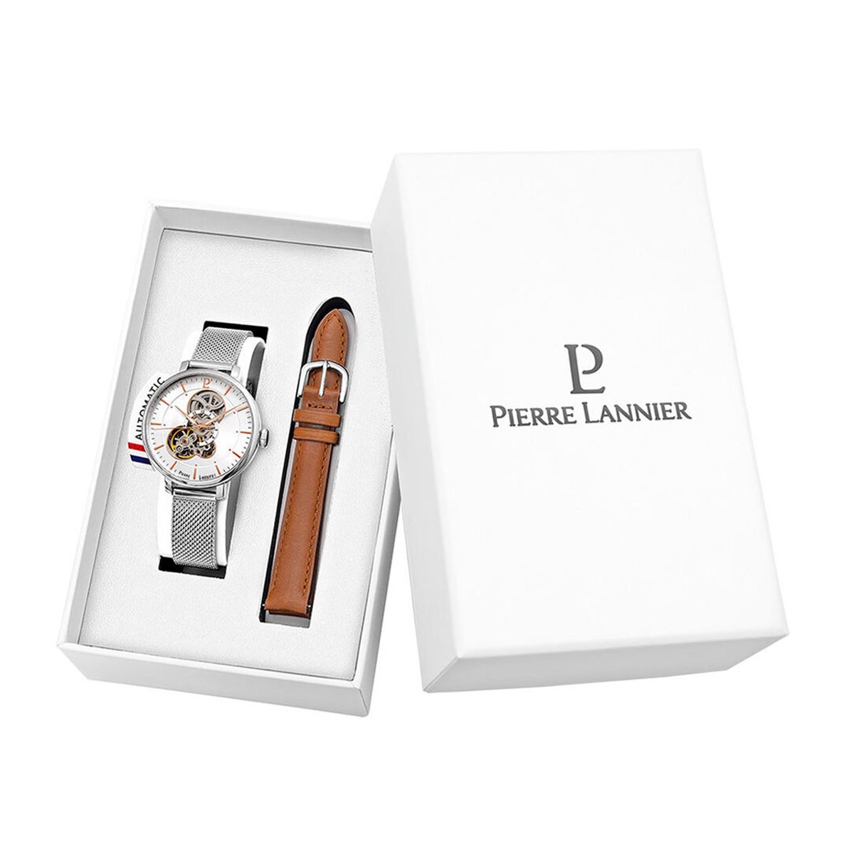 Coffret montre femme Pierre Lannier MELODIECadran Argenté Bracelet Cuir Brun