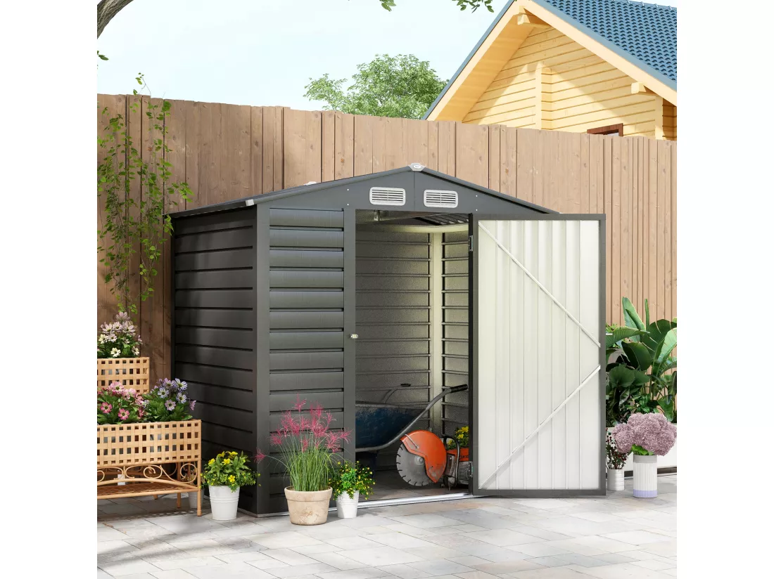 Abri de jardin cabanon dim. 190L x 131l x 188H cm porte verrouillable ventilations tôle acier ondulé gris