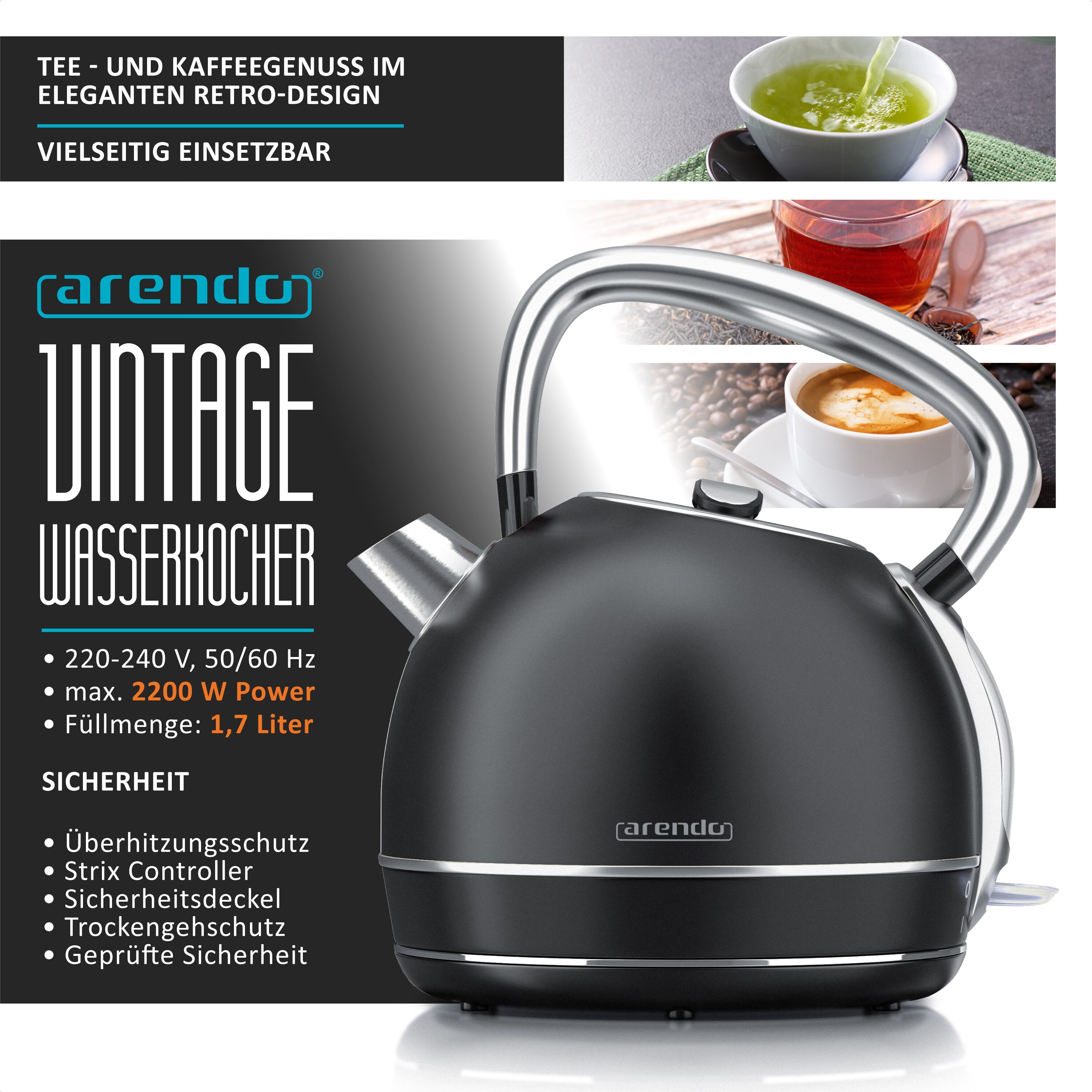 Arendo Wasserkocher 1,7 l, 2200 W, Edelstahl Retro Style Vintage, Überhitzung & Trockenkochschutz, schwarz