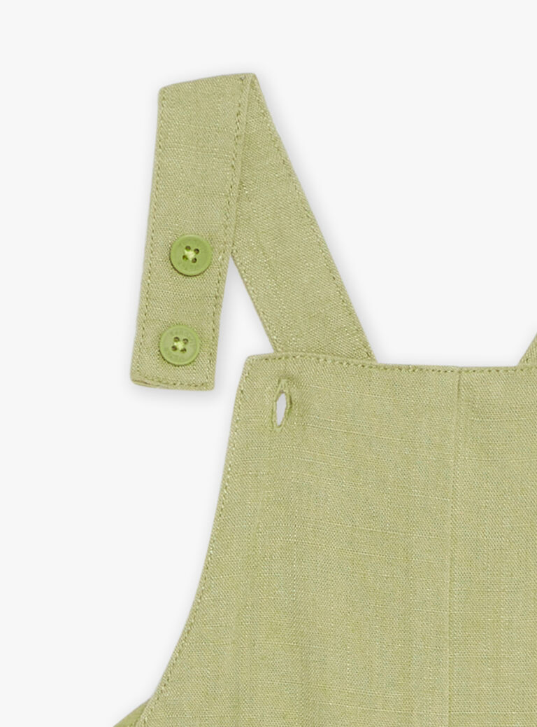 Salopette kaki clair en lin à broderies dinosaures