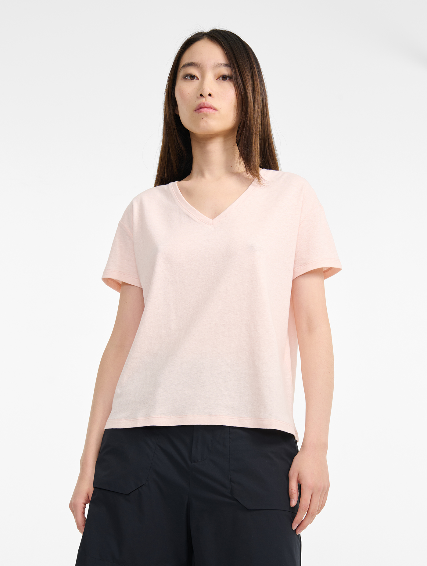 T-shirt col V en coton et lin ANTIQUE ROSE
