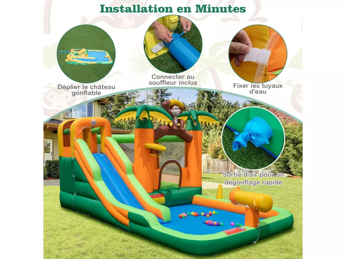 Château Gonflable Tropical à Thème Singe & Palmier avec Toboggan Aquatique, Maison de Saut Gonflable avec Piscine & 50 Boules, Charge 90kg pour 2 Enfants de 3-10 Ans（avec souffleur 680W