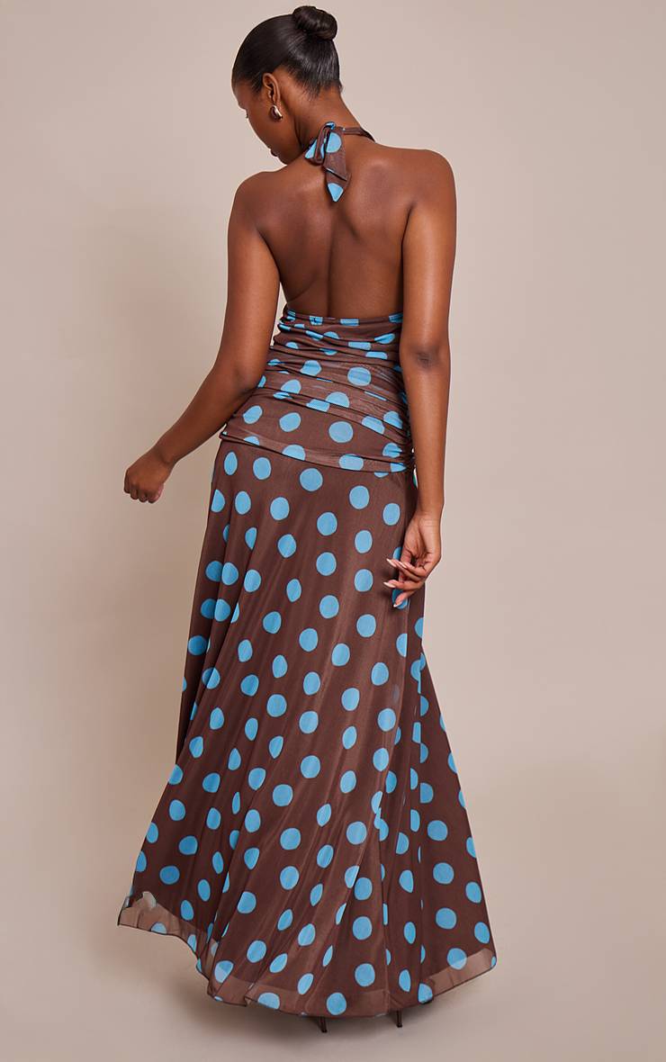 Marron Robe Longue En Mousseline À Pois Et Col Licou