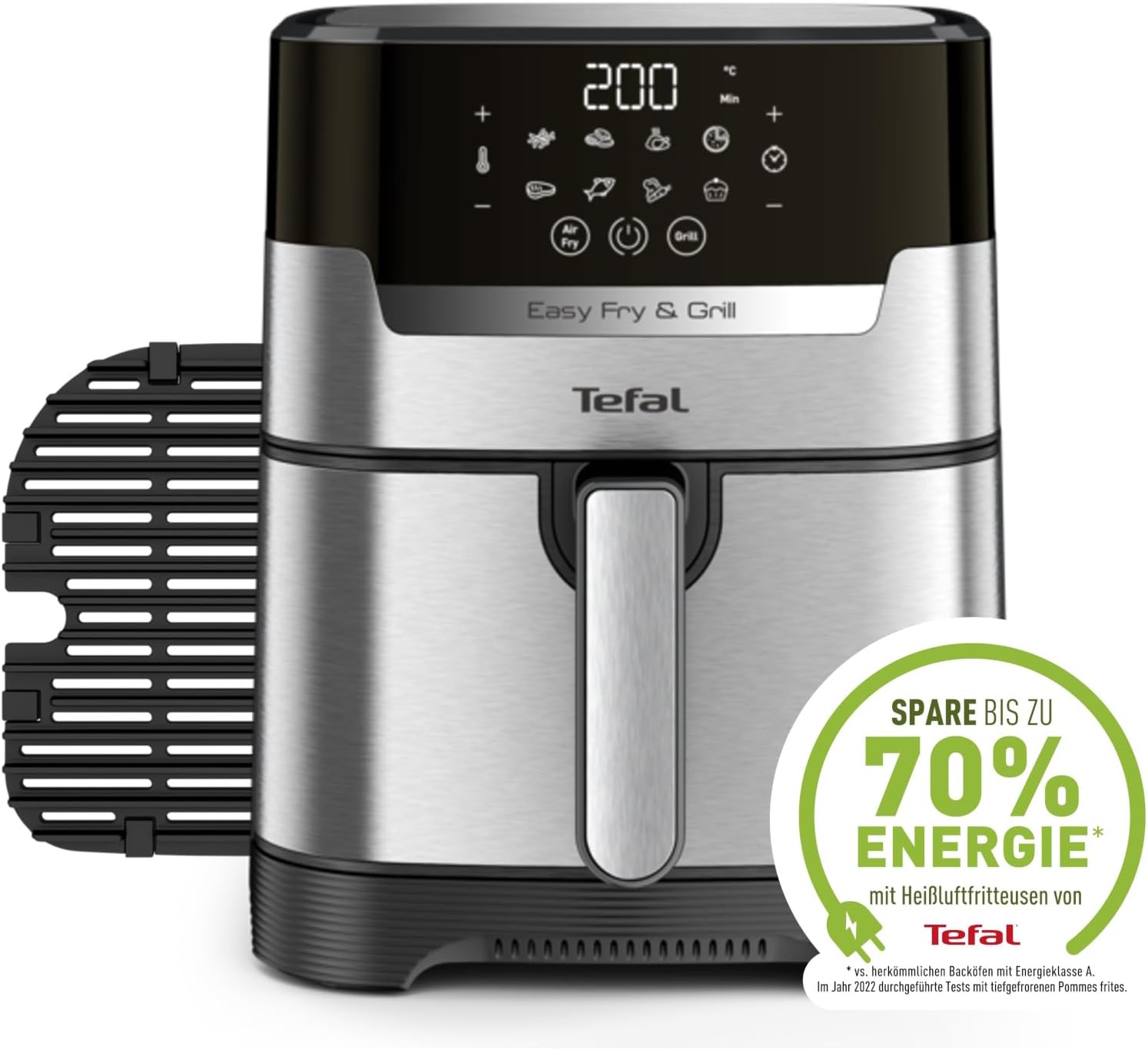 Tefal Easy Fry & Grill Heißluftfritteuse, 2-in-1 Technologie Air Fryer und Grill, Digitales Display, 4,6 Liter für 6 Portionen, 8 Kochprogramme, energiesparend, ohne Öl, Edelstahl, XL Volumen, EY505D