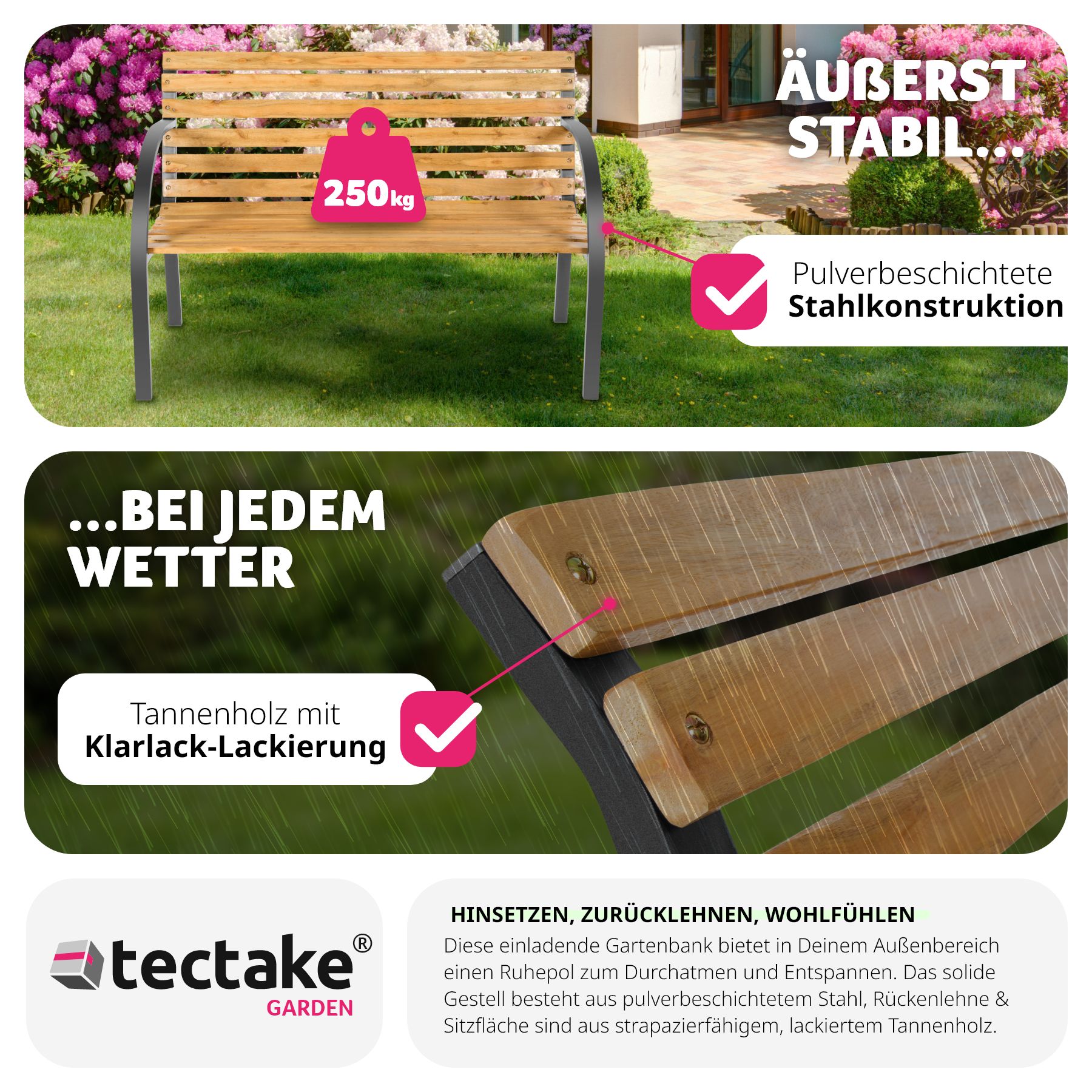 tectake® Gartenbank, 2-Sitzer, wetterfest, 119,5 x 62 x 83 cm