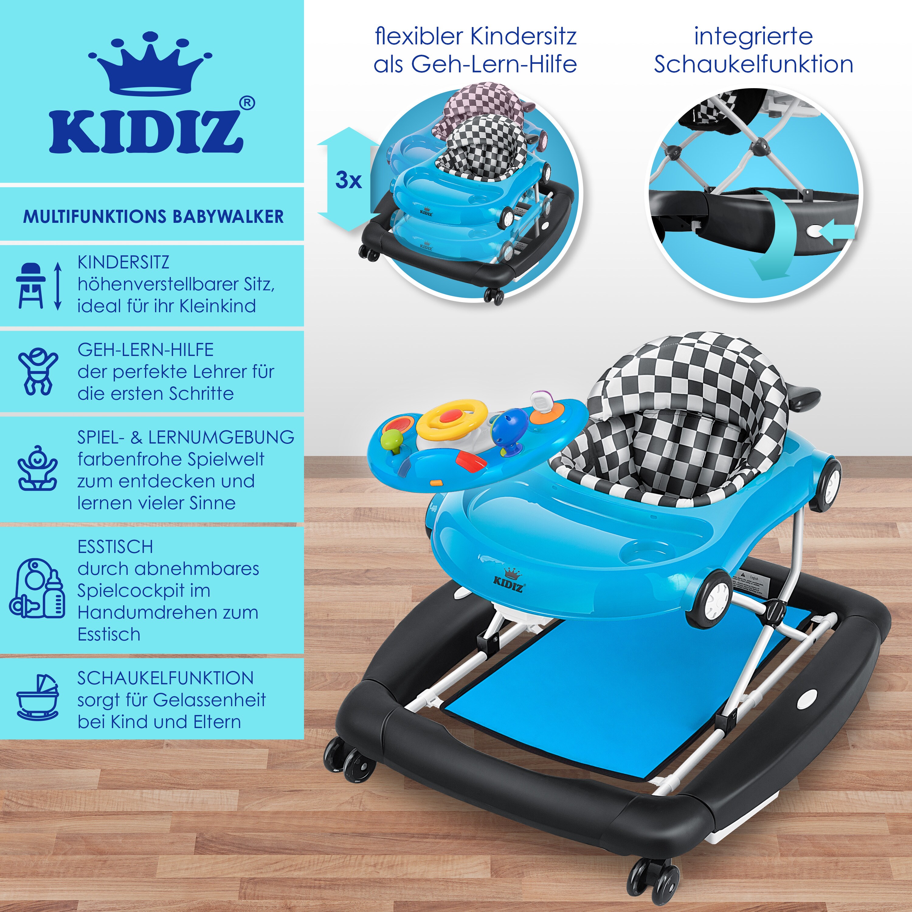 KIDIZ® 4in1 Lauflernhilfe Babywalker Spiel- und Lauflernwagen Gehfrei - Schaukelfunktion Babywippe mit Rollen, Licht, Musik ,Spielecenter Esstisch Laufstuhl Laufhilfe babys ab 6 Monaten Klappbar