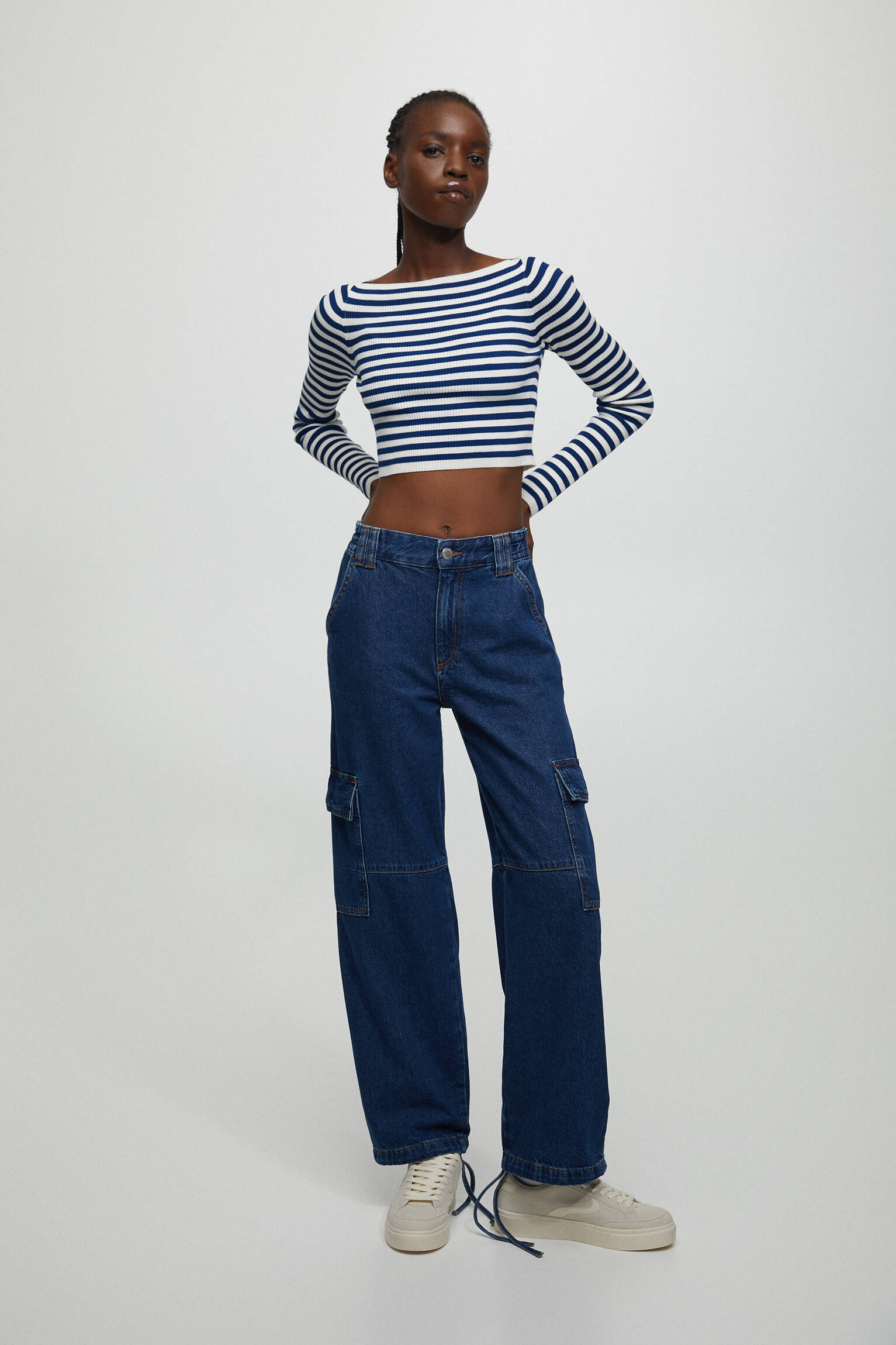 CAMISA LISTRADA COM DECOTE CANOA - AZUL