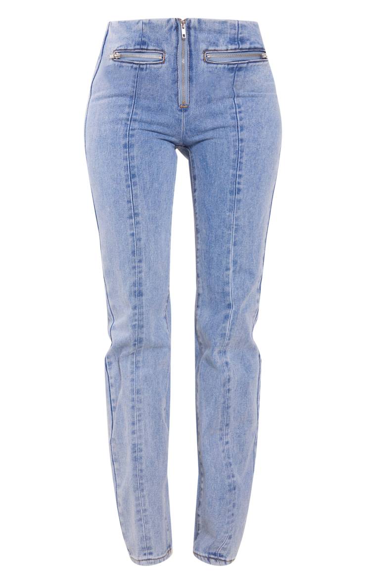 Light Blue Wash Jean Droit Taille Moyenne Avec Détails Zippés Coupe Tall