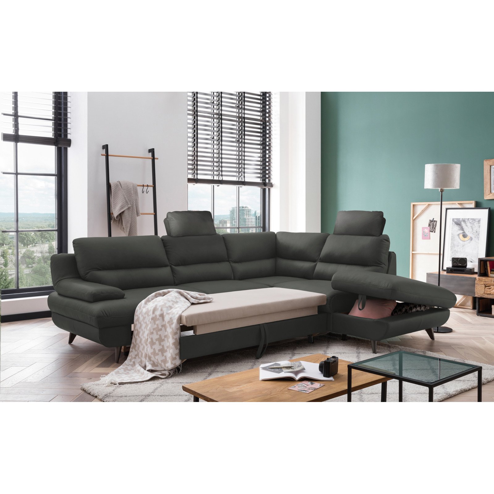 Ecksofa Pike Leder, Ottomane rechts fango