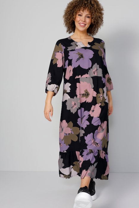 Kleid, XL Blumenmuster, Tunika-Ausschnitt, 3/4-Ärmel