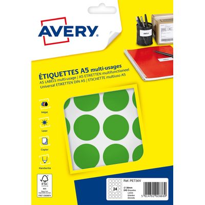 Avery - Etui A5 - 240 Pastilles adhésives - vert - diamètre 30 mm