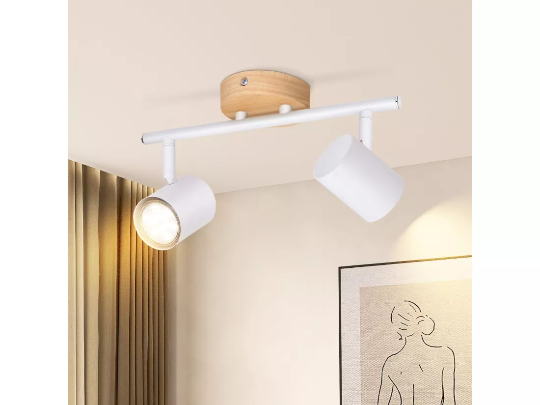 NETTLIFE Plafonnier LED 2 flamme - Blanc Plafonnier GU10 Spot pivotant Applique murale en bois Spot mural pour salon chambre Sans ampoule