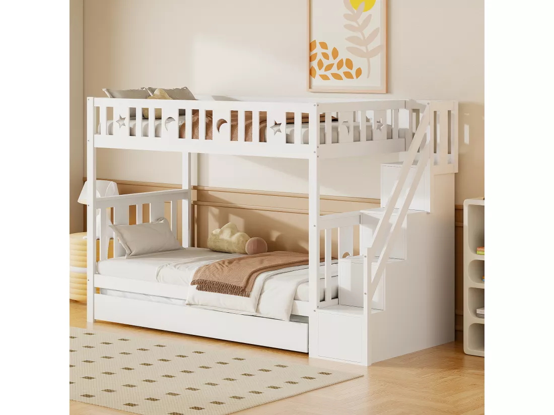 Lits superposés 2 x 90 x 200 cm avec lit gigogne 90 x 190 cm et 4 tiroirs - bois massif - coloris blanc