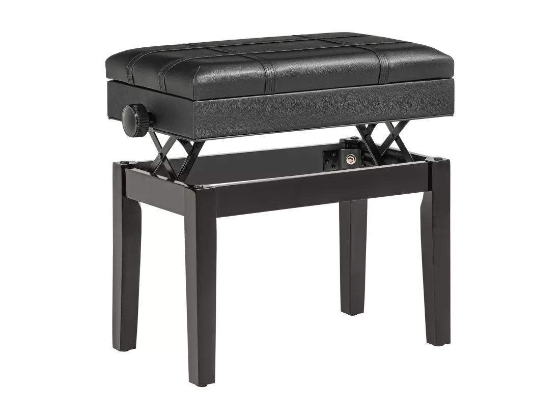 Banquette tabouret siège pour piano coffre intégré hauteur réglable bois hévéa assise revêtement synthétique noir