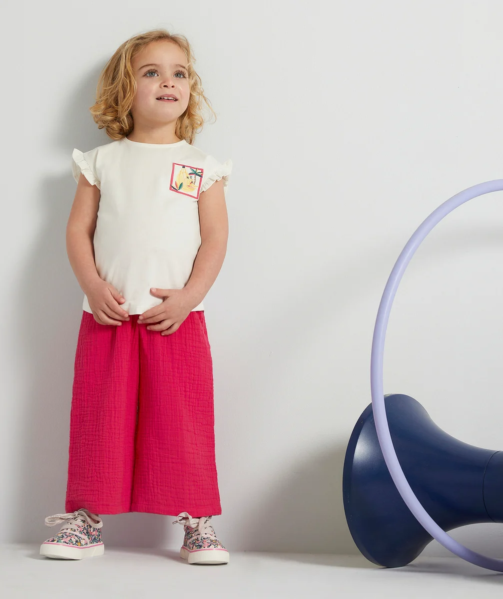 PANTALON FLUIDE ÉVOLUTIF FILLE ROSE EN GAZE DE COTON