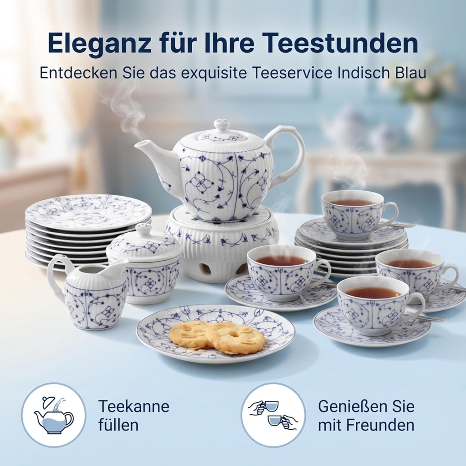 Teeservice Indisch Blau Porzellan – 22-teiliges Geschirr-Set – Langlebig & Elegantes Design