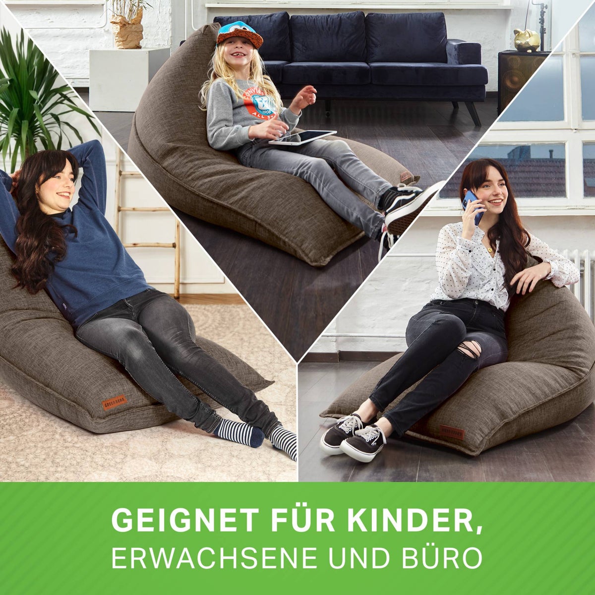 Green Bean Triangle Zitzak 150x100x100cm met 220 liter EPS-korrelvulling - Knuffelzacht en wasbaar - Binnenkussen van stof voor op de vloer, ligstoel en zitkussen - Bruin