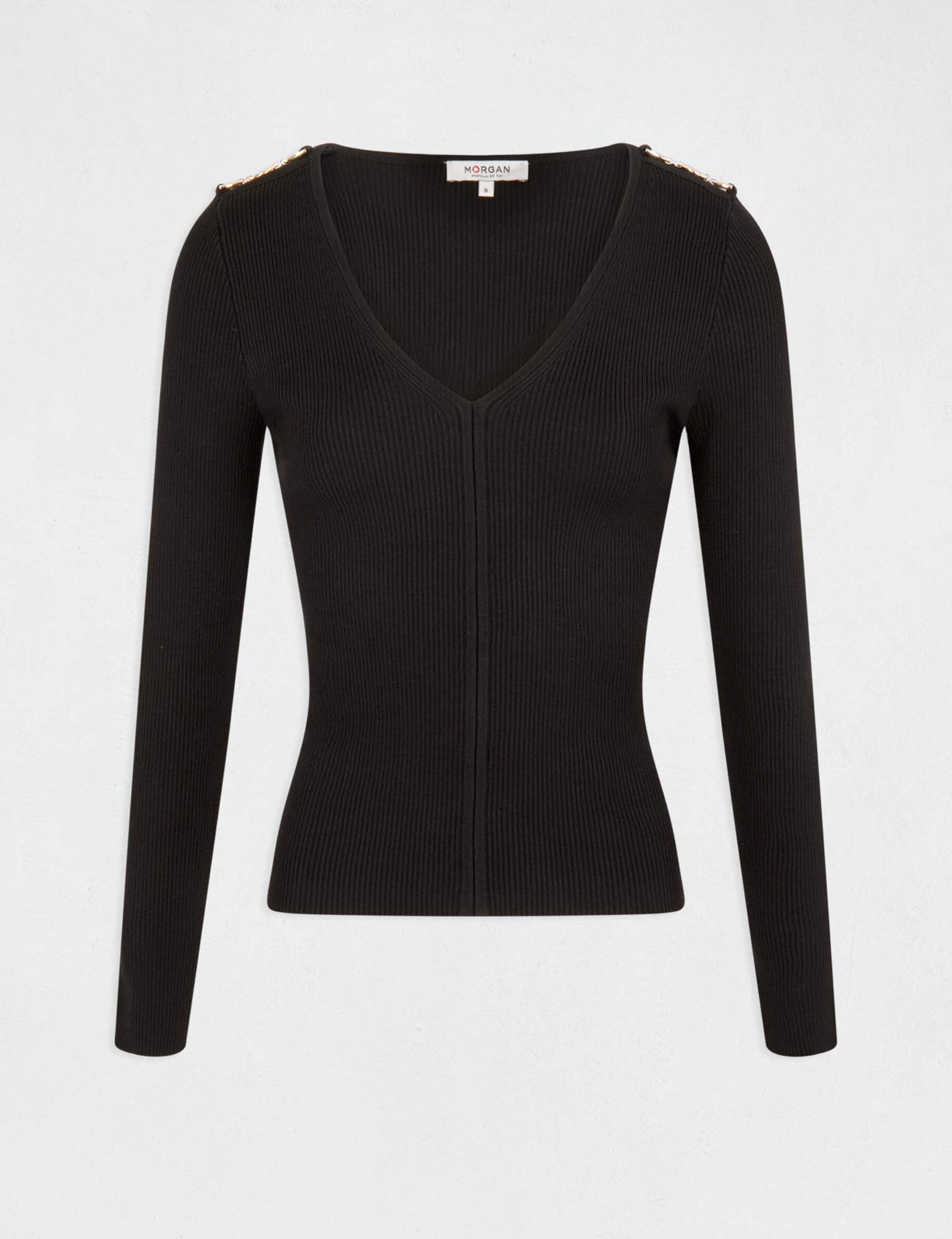 Pull manches longues avec col en V noir femme - noir