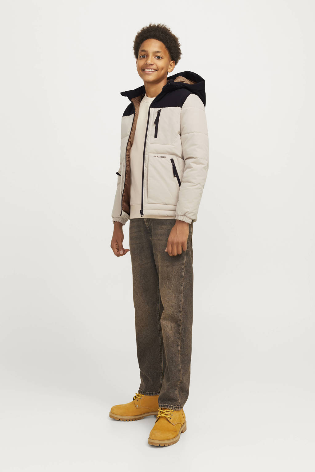 JACK & JONES gewatteerde winterjas JJEOTTO ecru/zwart