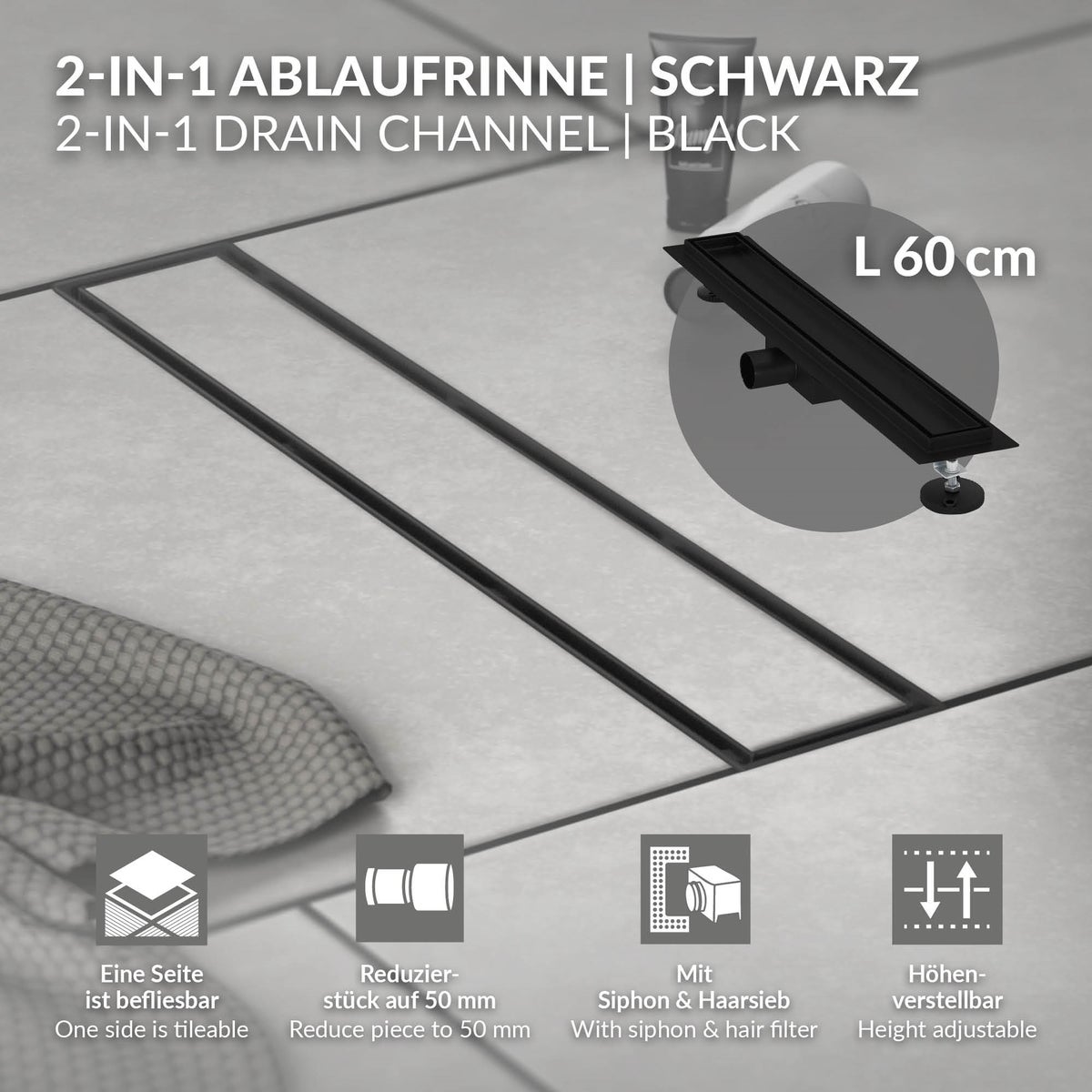 LuxeBath Doucheafvoer 60 cm 2-in-1, betegelbaar, extra vlak, RVS, zwart, dubbelzijdige vloerafvoer, complete vloerinbouwset, doucheafvoer, sifon met stankafsluiter, haarzeef, douchegoot