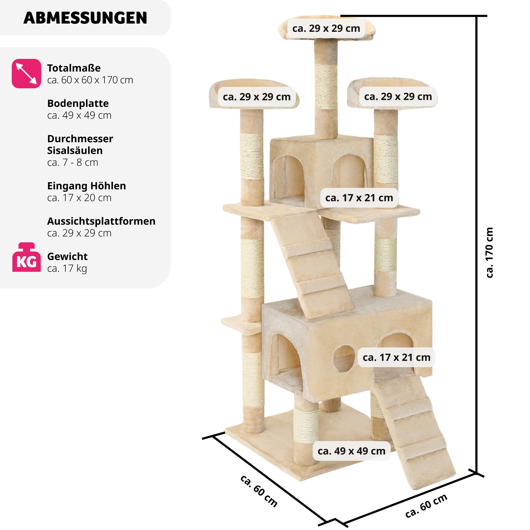 tectake® Kratzbaum, 170 cm, mit 2 Katzenhäusern, inklusive 2 Treppen und Kippschutz