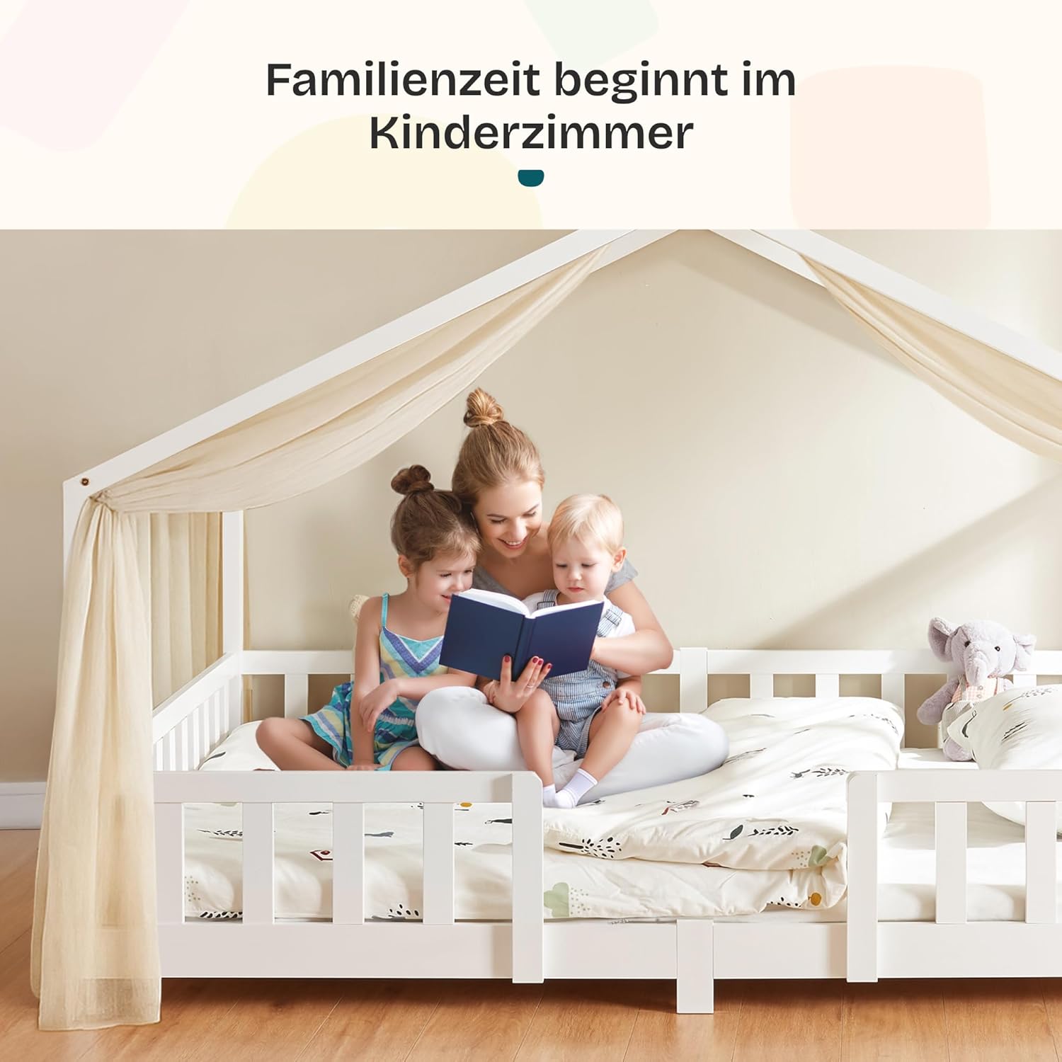[en.casa] Kinderbett Treviolo Hausbett 140 x 200 cm Holzbett für Kinder mit Rausfallschutz Montessori Bettgestell mit Lattenrost Kiefernholz Weiß