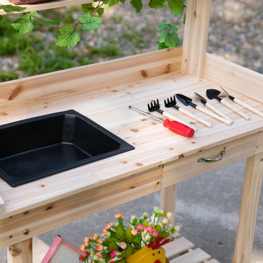 Outsunny Gärtnertisch mit Waschbecken und Rollen holz