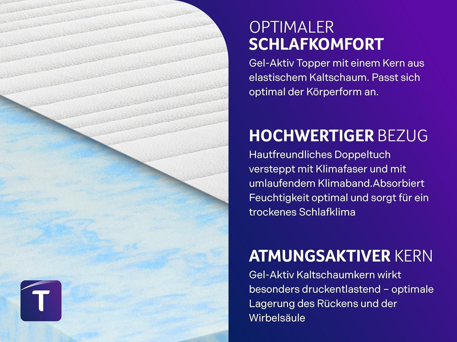 Traumnacht Split Topper aus Gelschaum mit Klimaband und Gel-Aktiv-Kaltschaum, 200 x 200 cm, weiß, Gelschaum (Split Topper)