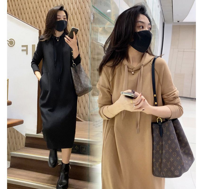 Levsayte - Zwangerschapsjurk met lange mouwen en effen midi-hoodie