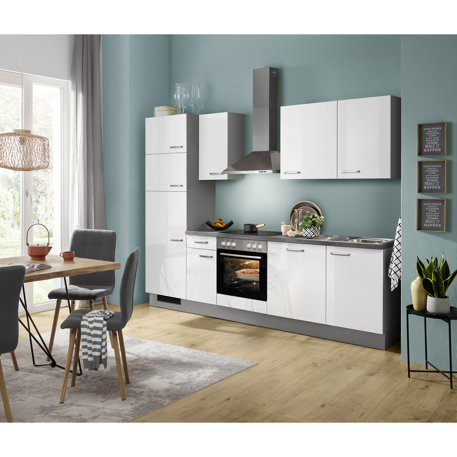 IMPULS Küchenblock - weiß Hochglanz - Schiefergrau - mit E-Geräten - Kühlschrank links - 270 cm