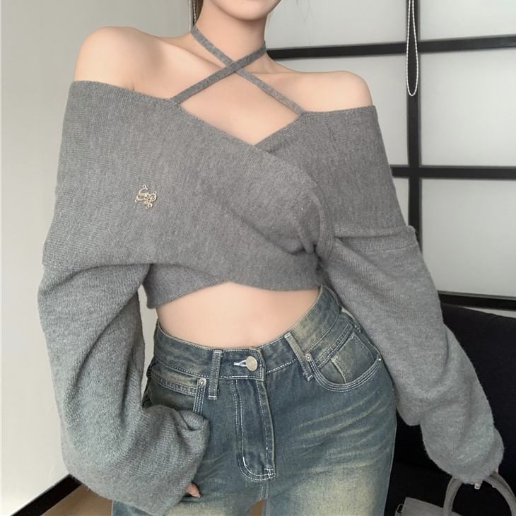 Metonymph - Cold-Shoulder Effen Wikkel Cropped Trui