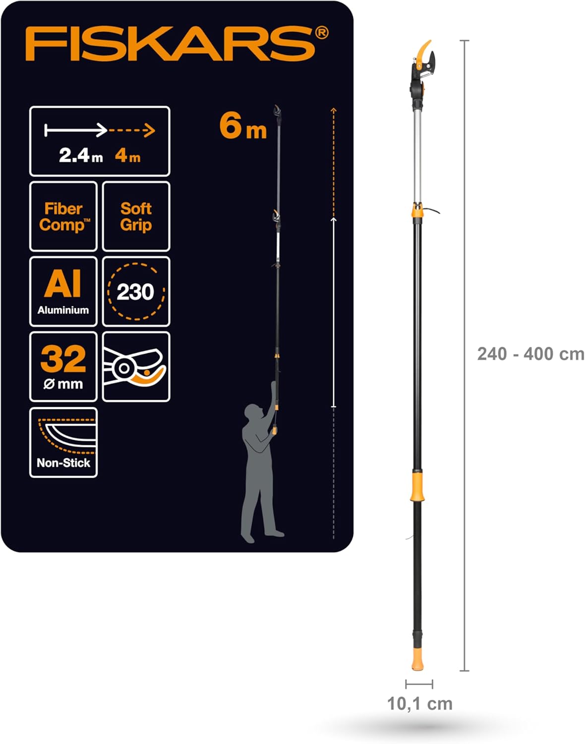 Fiskars Bypass Teleskop-Schneidgiraffe für frische Äste und Zweige, Antihaftbeschichtet, Stahlklinge/Aluminiumstiel, Länge 2,4 – 4 m, Schwarz/Orange, UPX86, 1023624