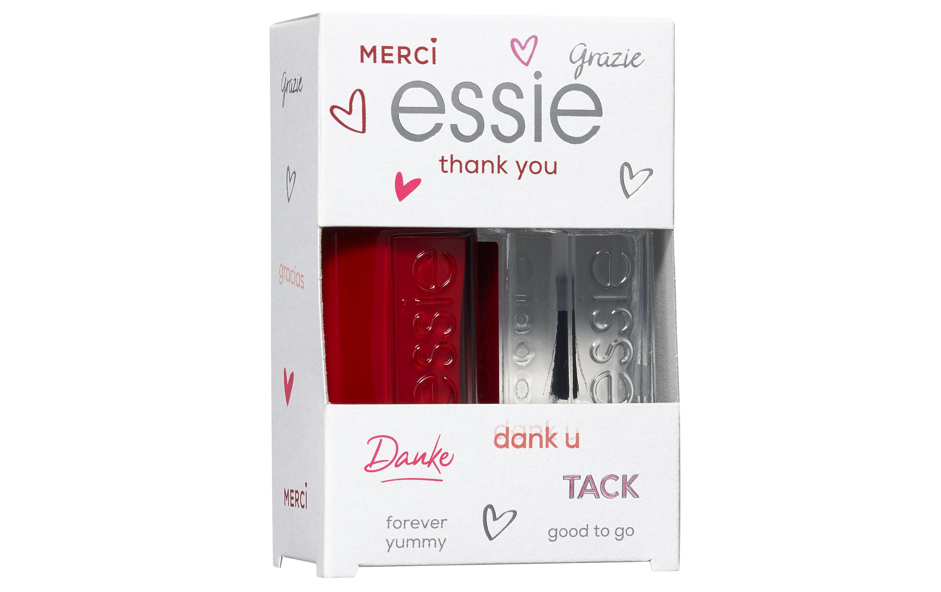 Geschenkset essie Geschenkset 3 thank youEssie Nagellacke setzen die Trends von morgen und erzielen fantastische Farbergebnisse. Die innovative Textur kombiniert mit puren Mikro-Pigmenten, stärkt die Nägel sofort und gleicht Unebenheiten aus.