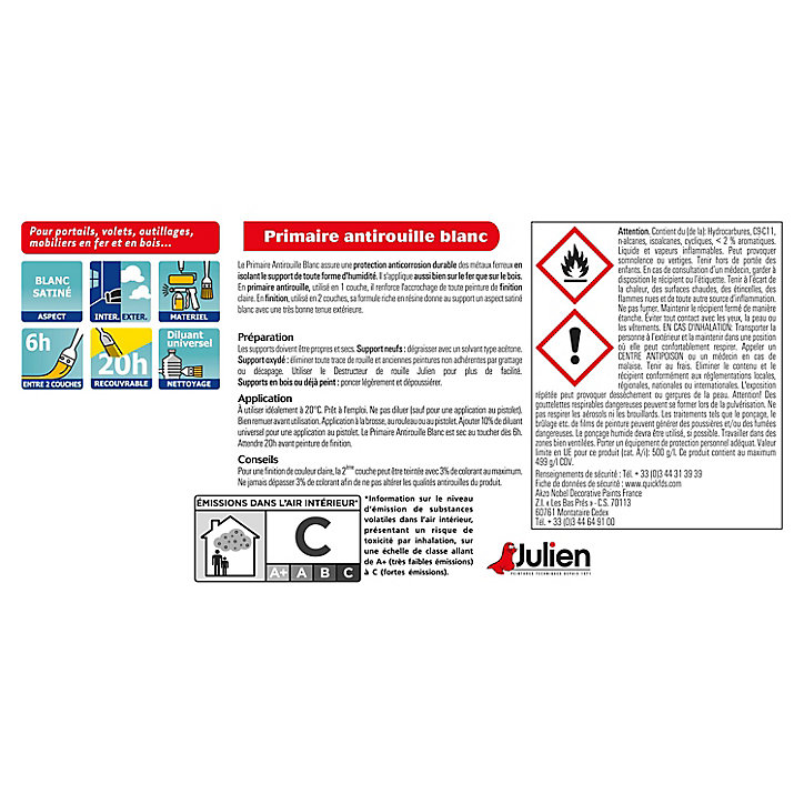 Peinture extérieure primaire antirouille Julien satin blanc 250ml