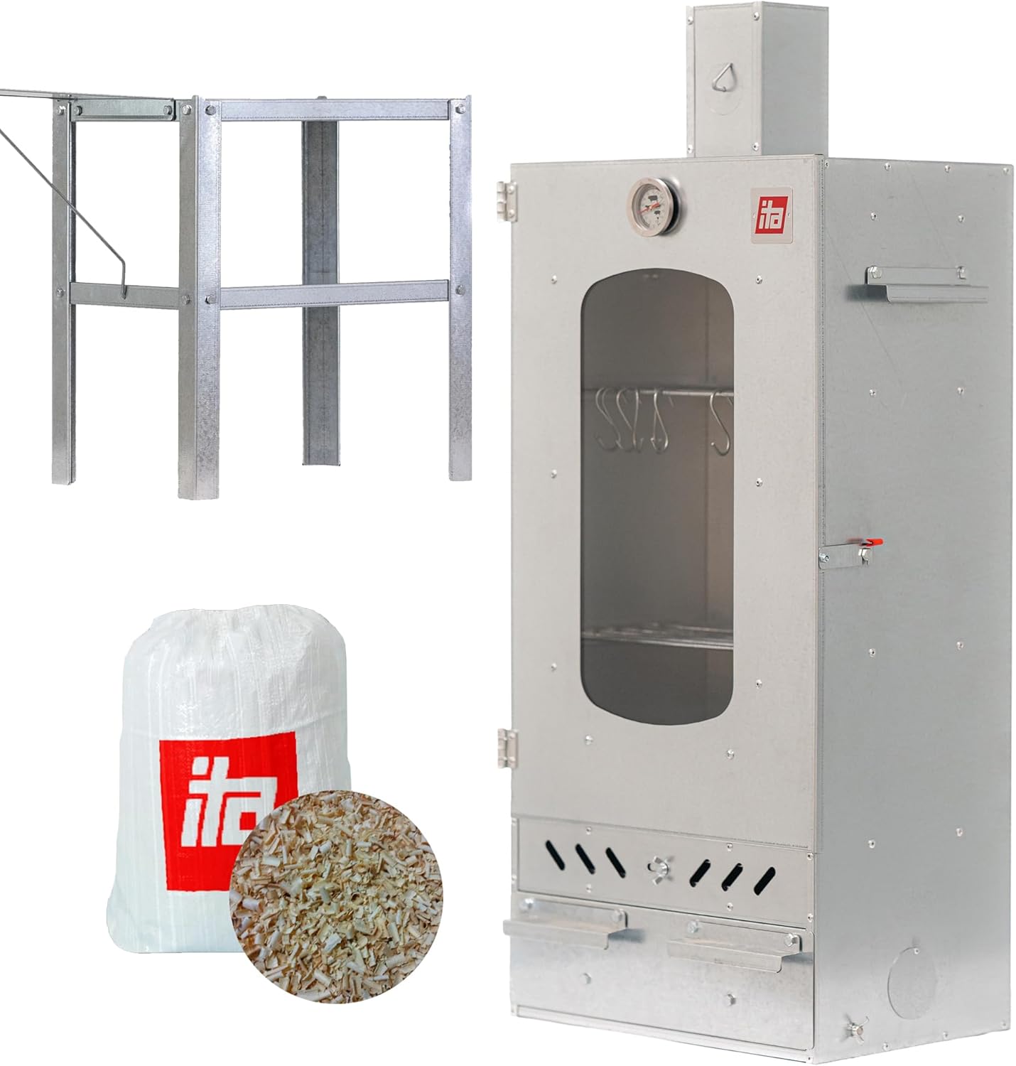 ITA Räucherofen 7012 - Smoker Set mit Tisch & Räucherspänen - Räucherschrank mit 3 Etagen - Legierter Stahl, mit Sichtfenster & Kaminabzug - Qualität Made In EU Direkt vom Hersteller