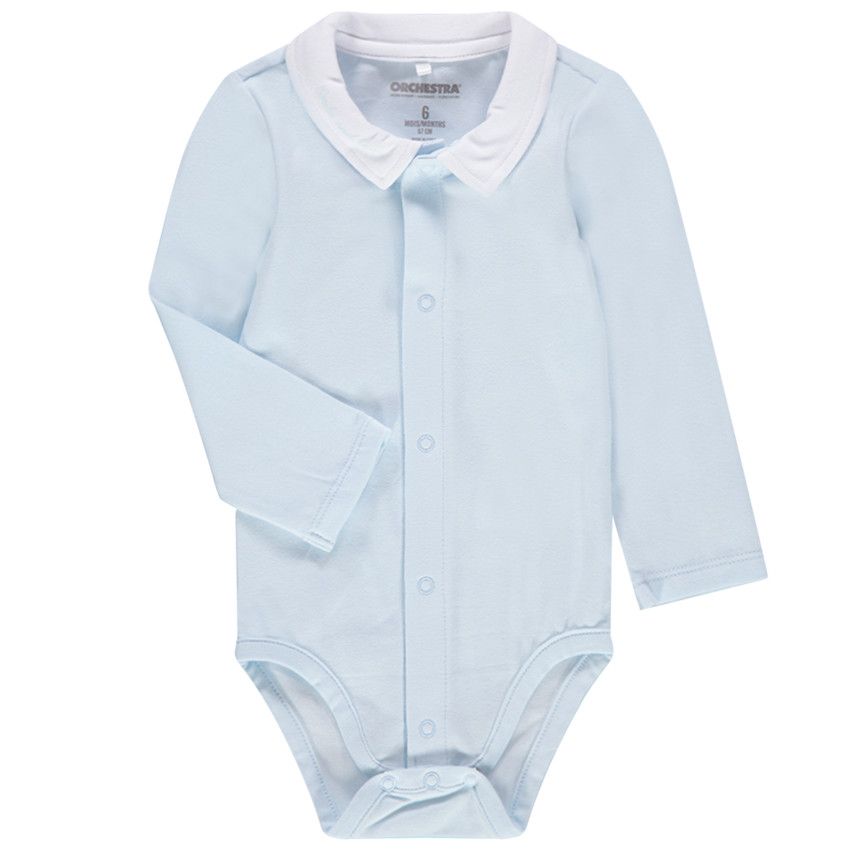 Body manches longues bleu en coton bio à col blanc - Bleu