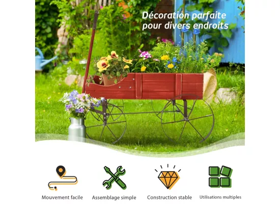 Brouette Décorative en Bois avec 2 Compartiments à Planter Roues Métalliques Poignée Charge 15kg pour Cour（Rouge)