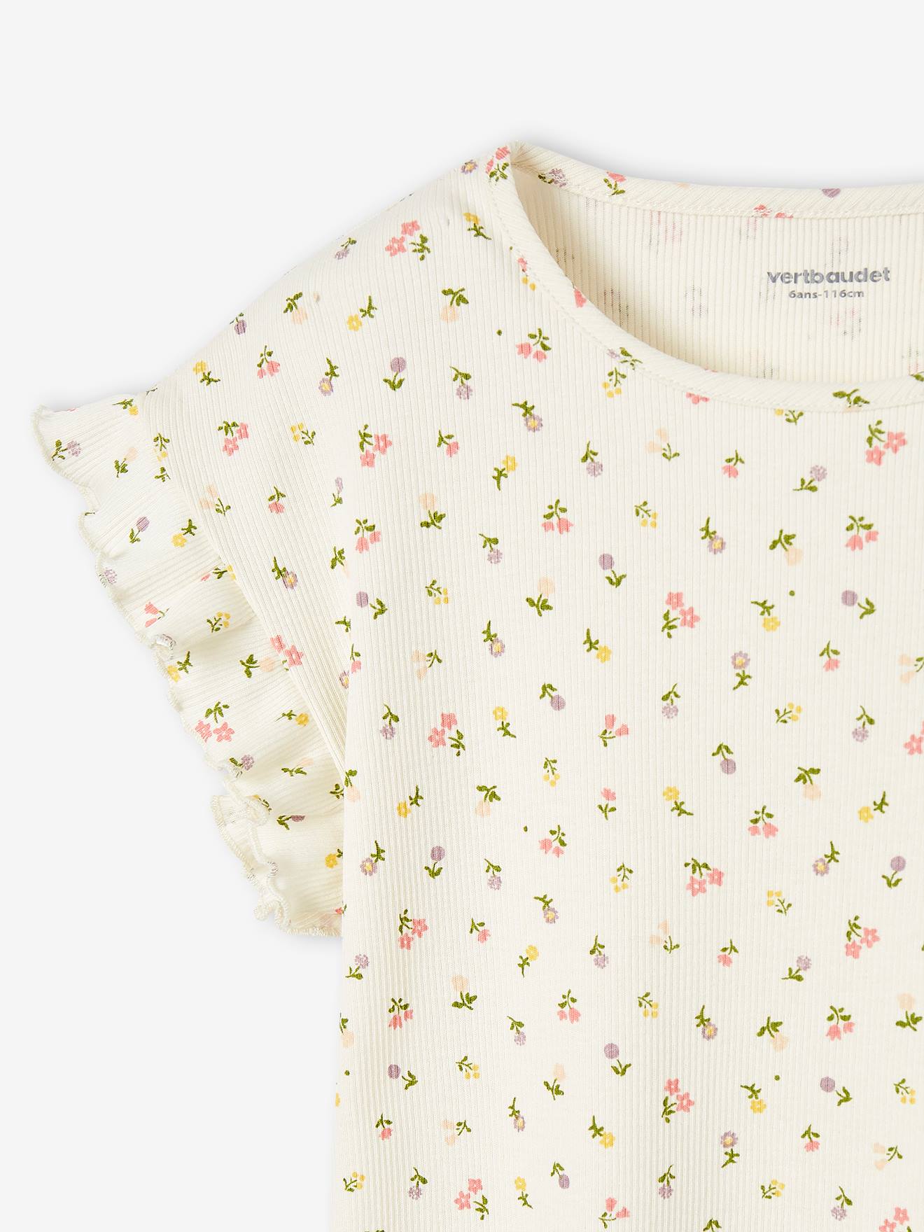 Camiseta canelada com estampa floral para meninas, cor cru