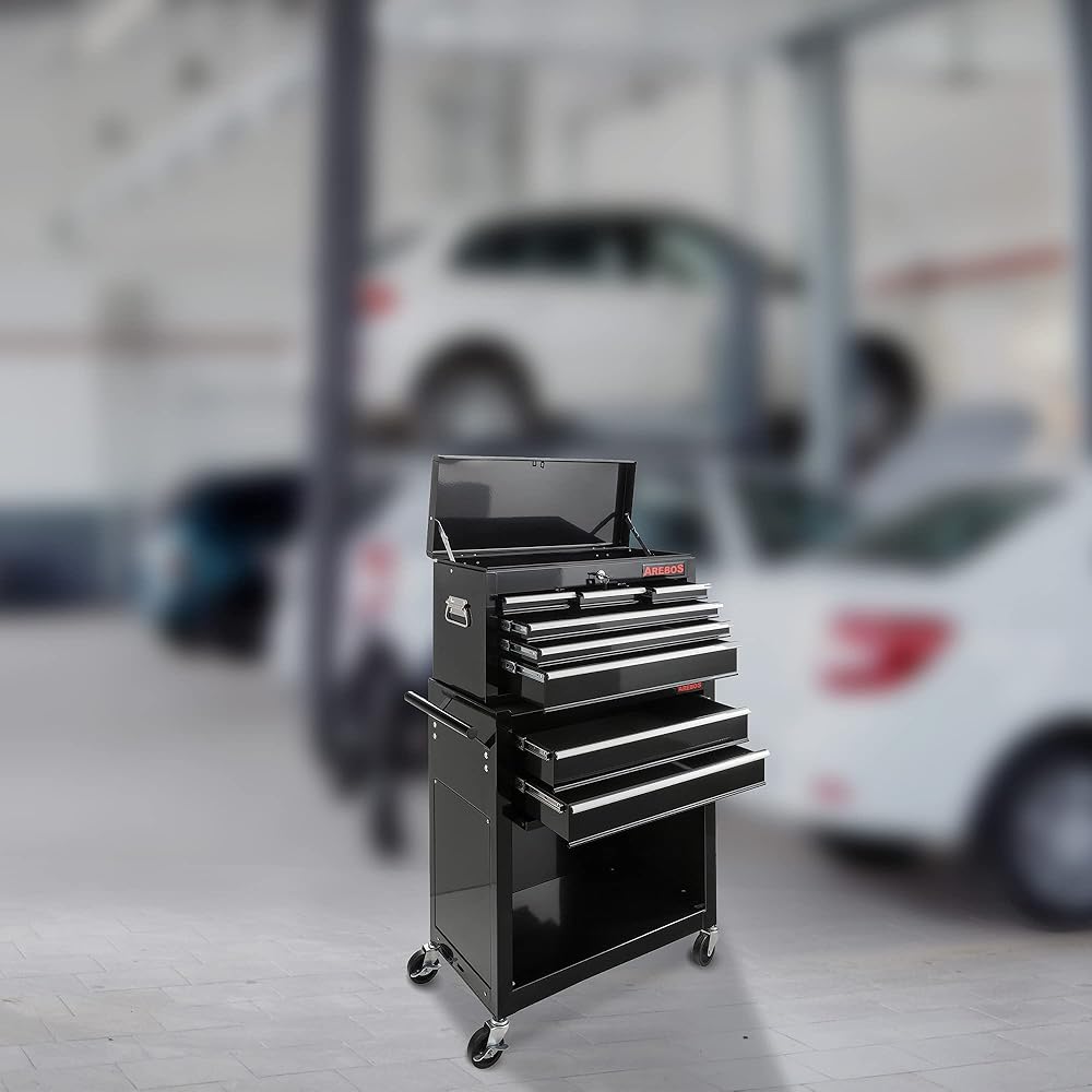 AREBOS Servante d'atelier à 9 tiroirs | Tapis antidérapants | Chariot avec Caisse à Outils Amovible | Verrouillable | sur roulement à Billes | Freins d'arrêt | Noir | 71x 67 x 37cm : Bricolage